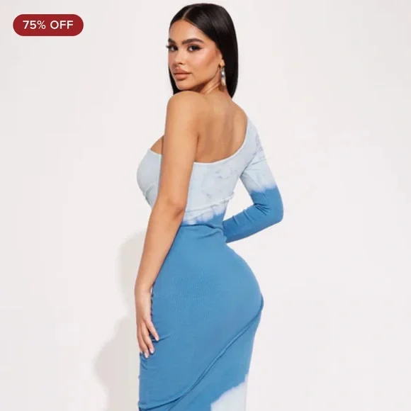 Caught In A Tie Dye Off-Shoulder Midi Dress - Blue/White - Picture 3 of 16